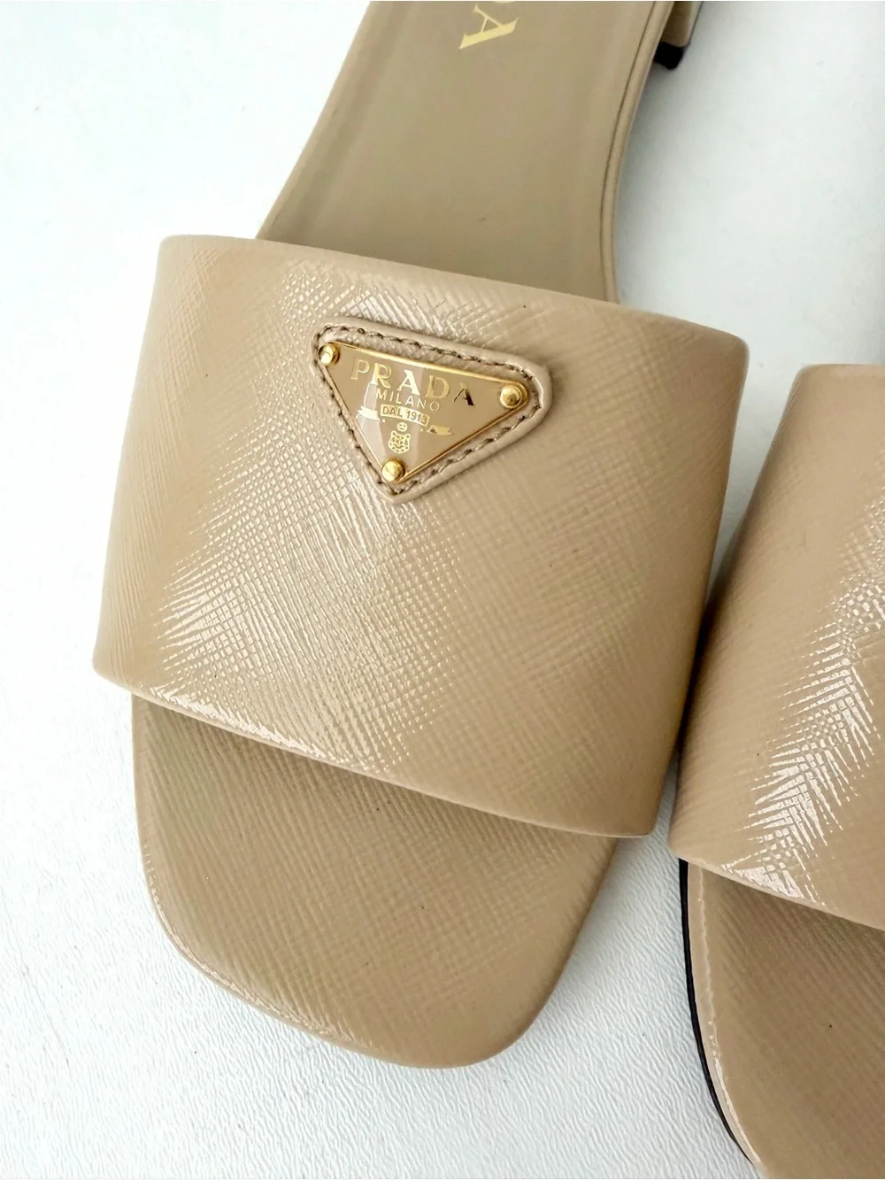 PRADA | Saffiano Patent Leather Triangle Logo Slides Sandals Flats Beige Sand 38
